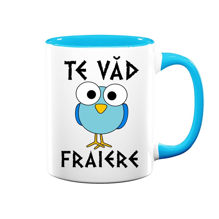 Cana personalizata cu mesaj:"te vad...", Betaprint, alba cu interior albastru, 330ml