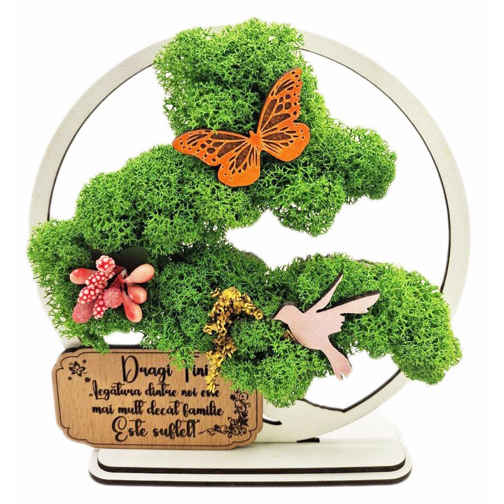 Cadou pentru Fini – Bonsai cu Licheni Naturali Stabilizati, MDF, 15 cm, Alb, mesaj Dragi fini, legatura