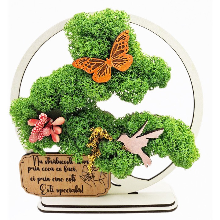 Декоративна картина - Бонсай със стабилизирани лишеи и декоративни акценти - със стандартно послание "Ти си специален/специална" за майка, сестра, баба, колежка, шеф, леля, приятелка, кръстница, снаха, съпруга..., размер 15 см, бяла