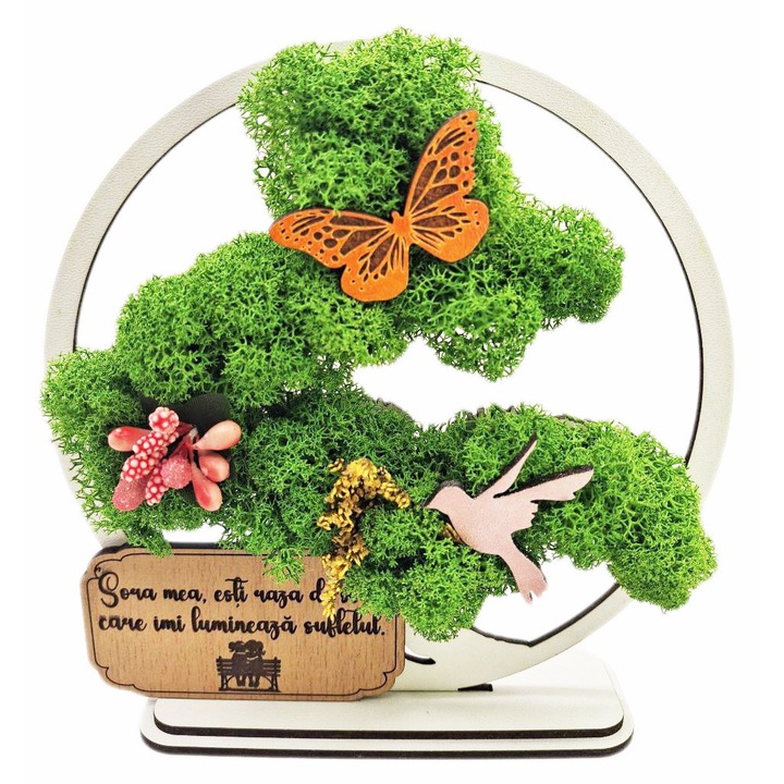 Cadou Special – Bonsai cu Licheni Naturali Stabilizati, MDF, 15 cm, Alb, mesaj Sora mea