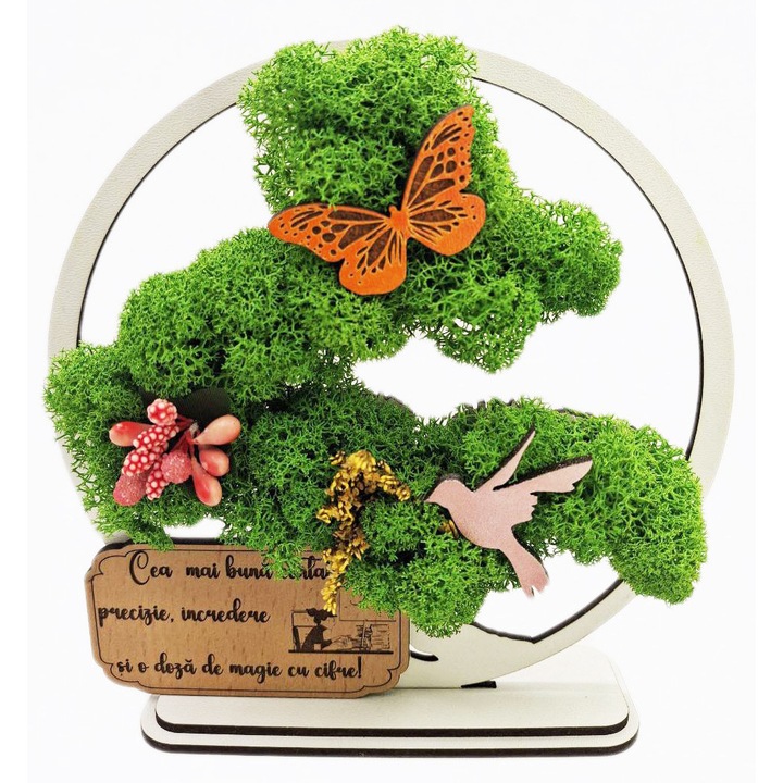 Cadou Special – Bonsai cu Licheni Naturali Stabilizati, MDF, 15 cm, Alb, mesaj Cea mai buna Contabila