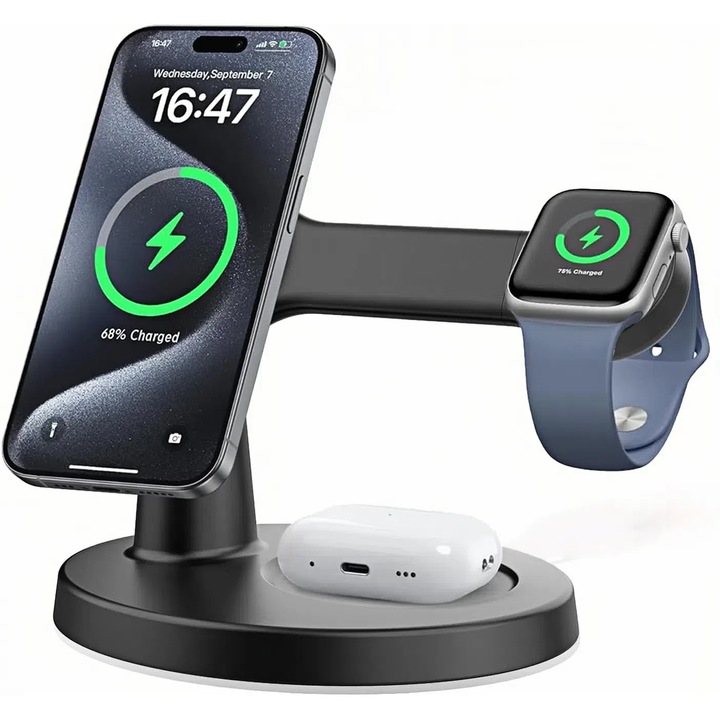 Statie de incarcare 3 in 1 pentru multiple dispozitive, suport wireless, incarcare rapida, negru