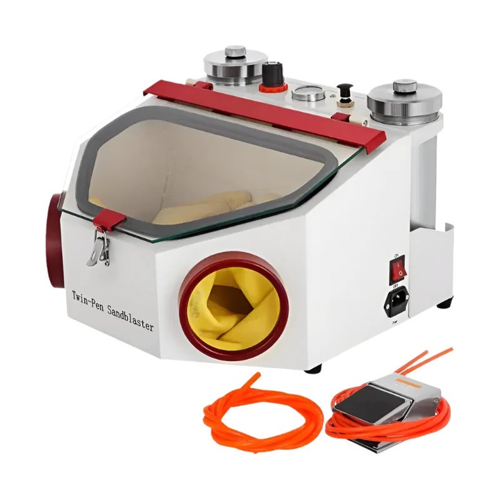 Homokfúvó Fogászati ​​Laboratórium, Dupla Toll 1, 2 mm-es fúvóka, 2 tartály, 220 V, Fénycső, Fehér