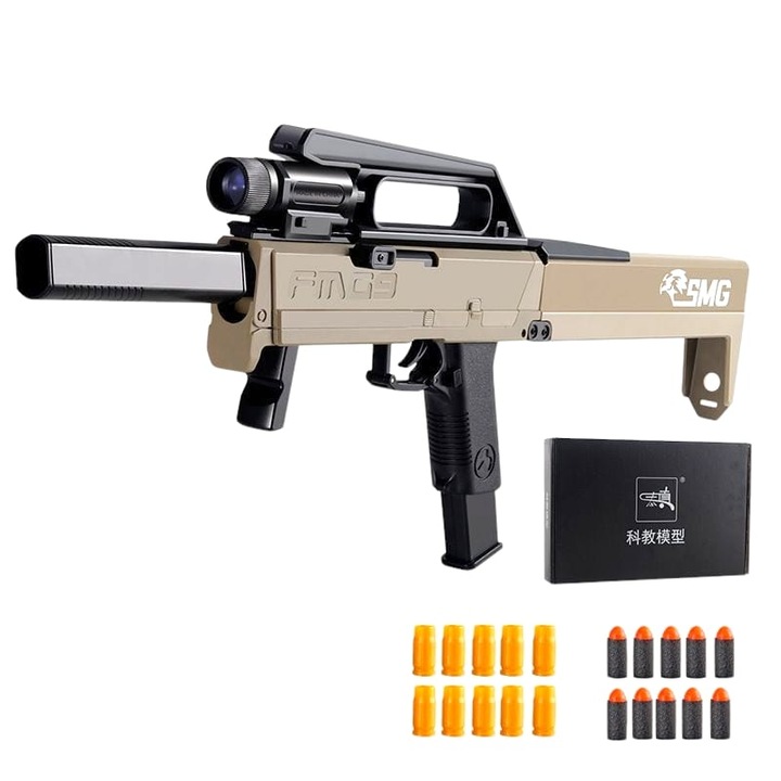 Pusca de jucarie, Pliabila, 20 proiectile de spuma moale tip pufulete, Incarcare manuala, Bej nisip militar, 8+