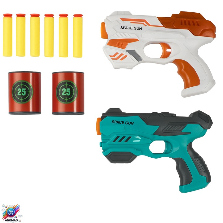 Set 2 pistoale ANGMAD, continut: 2 pistoale cu incarcare manuala, 6 sageti din spuma moale, 3 tinte si 2 bratari pt sageti, multicolor, varsta min rec 4ani+