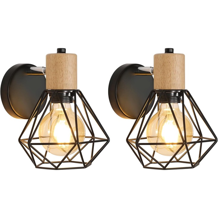 Винтидж индустриална стенна лампа, Toollight, въртяща се на 360°, черна желязна клетка, E27, за спалня, коридор, хол, 2 броя