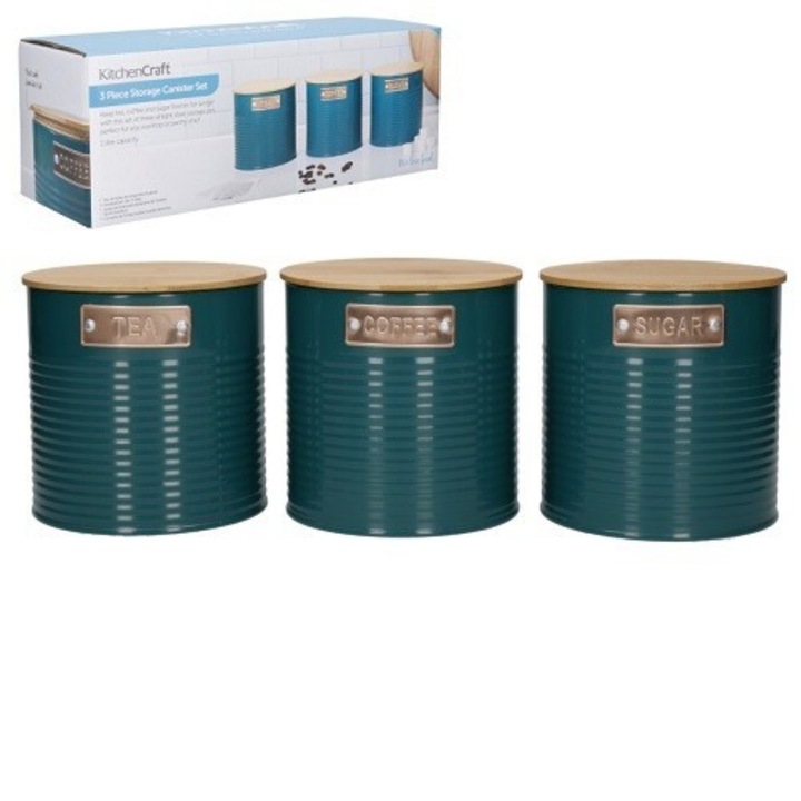 Set Cana pentru ceai/cafea/zahar, KitchenCraft, cu capac din lemn, 11,5x11,5cm, 1L, verde