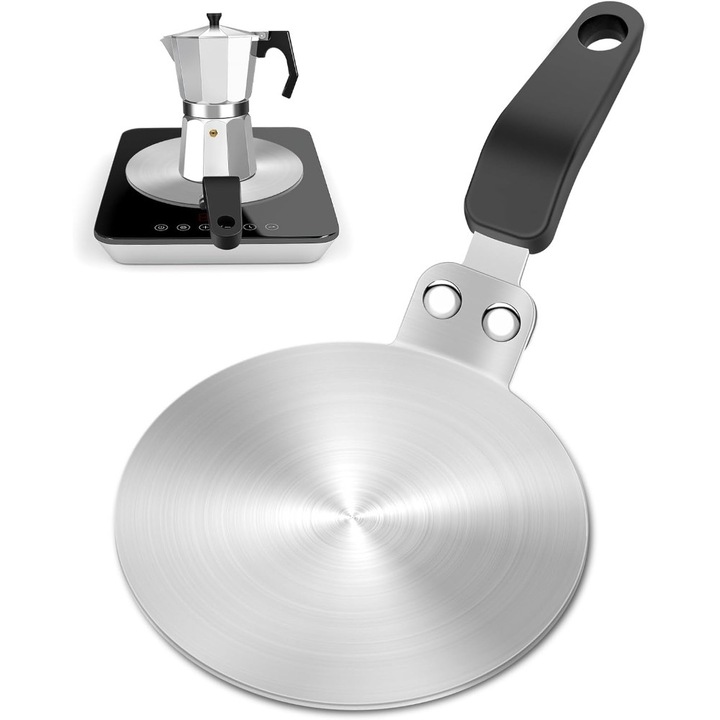 Indukciós főzőlap adapter, Ronyes, moka kávéfőzőkhöz, rozsdamentes acél, 13 cm átmérő, 3,4 cm vastagság, ezüst