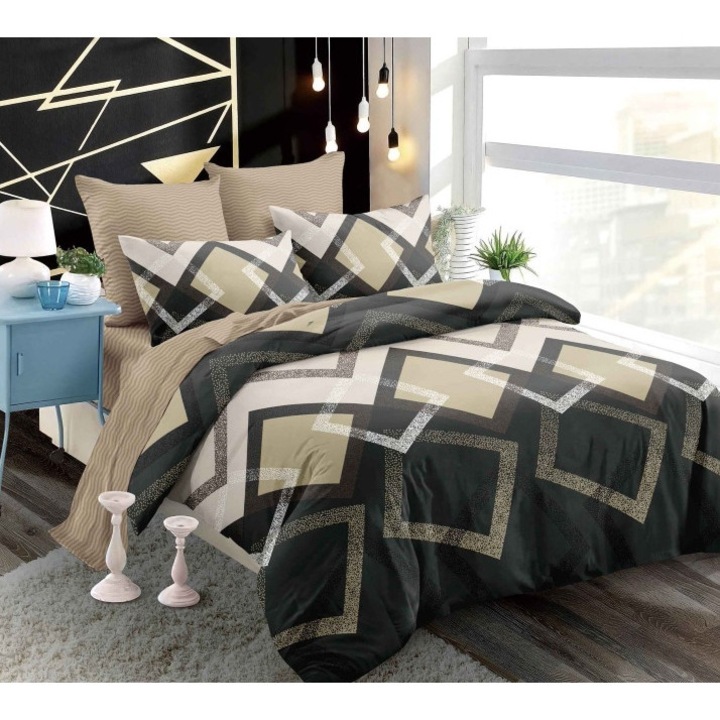 Lenjerie de Pat Dublu, Primavara, Finet, Cearsaf cu Elastic, Imprimeu Abstract, 6 piese, 2 persoane, 180x200cm, Negru-Cafea cu Lapte