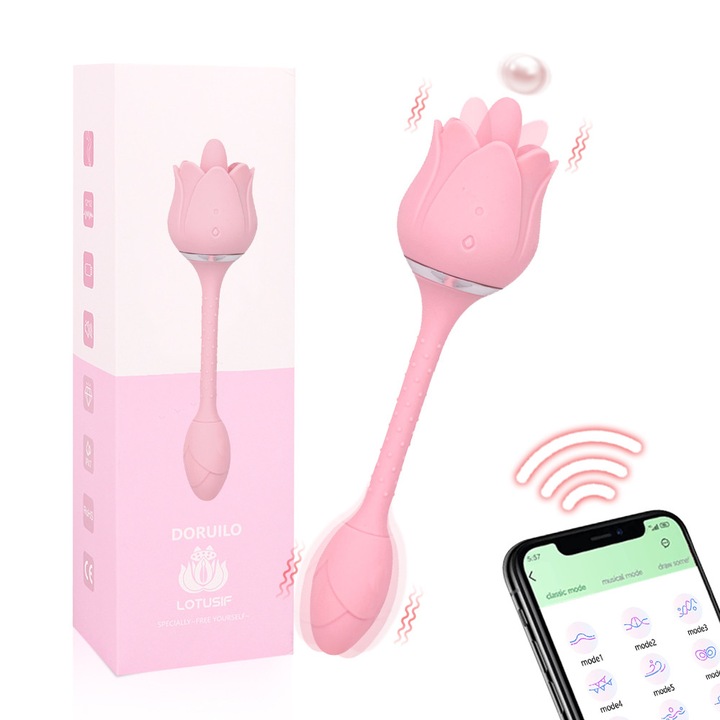 Vibrator LOTUSIF, Control prin Aplicatie, 2 in 1 in Forma de Trandafir – Jucarie Sexuala Adulta cu 12 Moduri de Lins si 12 Moduri de Vibratie, Dildo Placut pentru Femei si Cupluri, Pale Pink