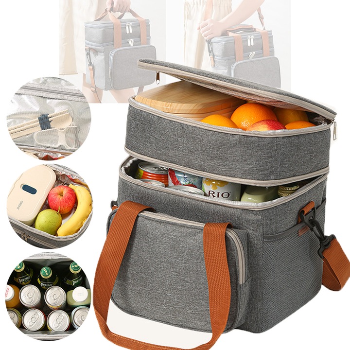 Изолирана чанта Dussdote Bento, Двуслойна, Кутия за обяд с голям капацитет за мъже и жени, Херметична охладителна чанта с регулируема презрамка за пътуване, Пикник, Офис, Работа, Сива