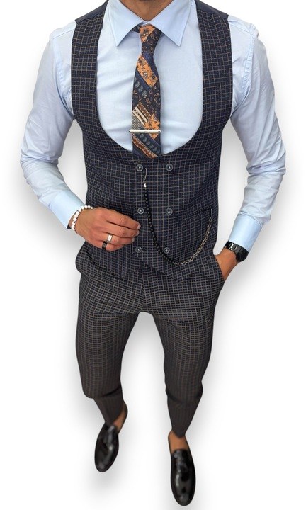 Costum elegant, pentru barbati, pantaloni plus vesta, bleumarin, 13154, Bleumarin