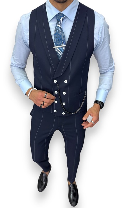Costum elegant, pentru barbati, pantaloni plus vesta, bleumarin, B4010, Bleumarin