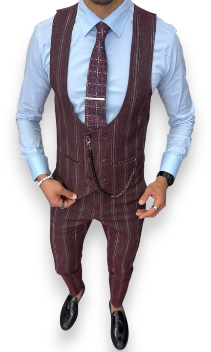 Costum elegant, pentru barbati, pantaloni plus vesta, Rosu Bordeaux, B5517, Visiniu