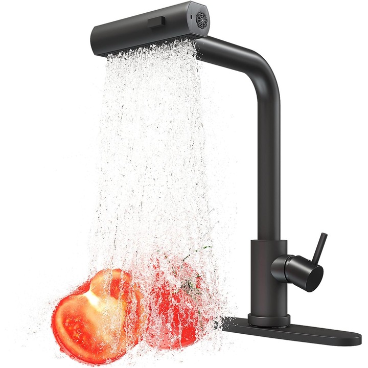 Baterie de bucatarie neagra cu dus extractibil Taotigzu, robinet tip cascada cu 3 moduri de jet, maner unic, rotire 360°, ideala pentru chiuveta de bucatarie, rulota, bar sau casa rustica, negru, Chiuveta Fara pipa Chiuveta bucatarie