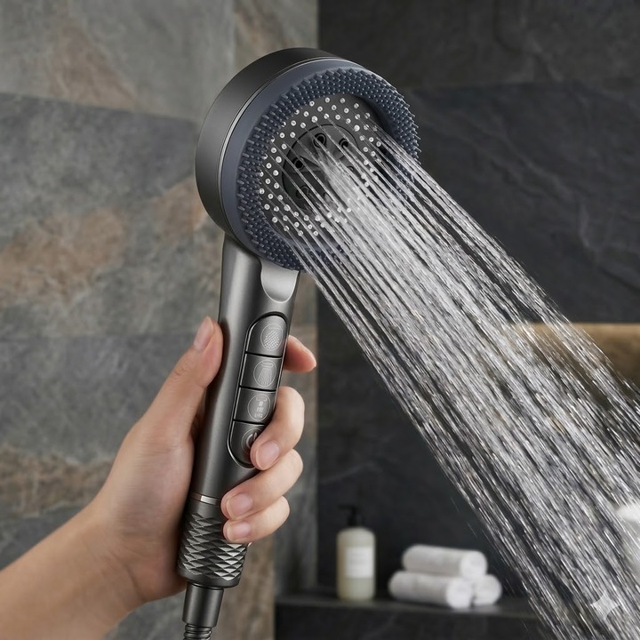 Set Coloana de Dus Charmorah Antea, 5 Moduri Pulverizare, Inox si ABS, cu Para Dus si Furtun Reglabil, Negru Mat