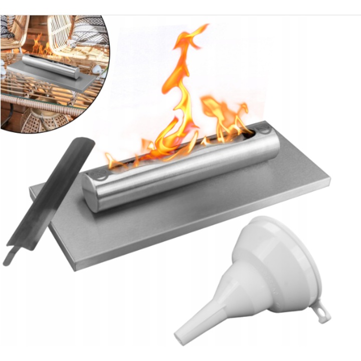 Semineu cu bioetanol Stainless inox, de masa, arzator din otel inoxidabil, portabil, 36 x 6 x 15 cm, cu palnie, pietricele albe decorative, extinctor, bricheta neagra de 21 cm pe gaz pentru aprindere biosemineu si recipient aromaterapie incluse