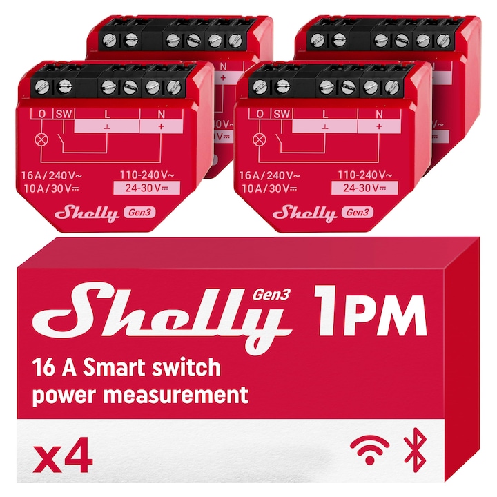 Shelly 1Pm Gen3, Интелигентен превключвател с Wlan реле с измерване на ток - 16A, Управление на осветлението, Alexa и Google Home, Приложение за iOS и Android, Домашна автоматизация, Не е необходим хъб (4 броя)