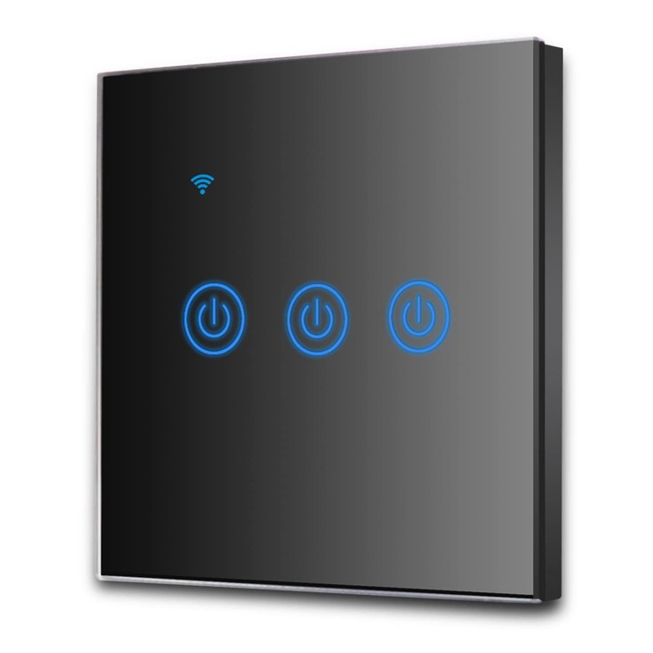 Intrerupator Tactil De Perete Extrastar Wi-Fi, 3 Cai, 3 Canale, Compatibil Cu Asistenti Inteligenti Precum Google Home Si Amazon Alexa, Necesita Fir Neutru, Negru