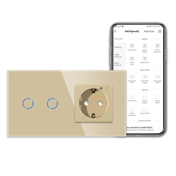 Cnbingo Wifi контакт и интелигентен превключвател, Двоен сензорен превключвател и вграден Schuko контакт, Работи с Alexa, Google Assistant, Стъклена рамка и светодиоден индикатор за състояние, Необходим е неутрален проводник