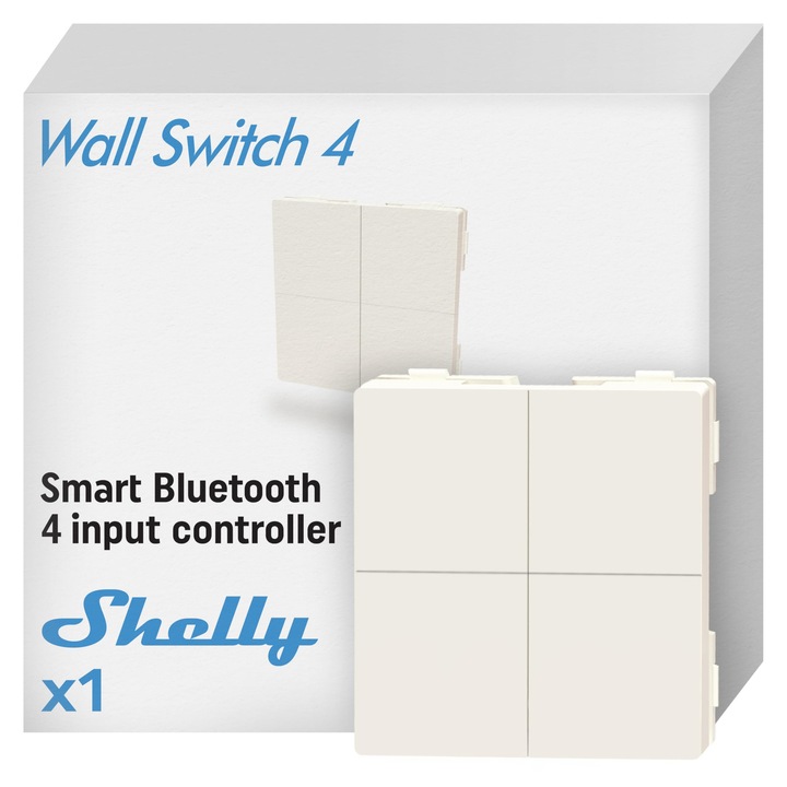 Стенен ключ Shelly Blu 4 - Bluetooth ключ, не изисква окабеляване, дистанционно управление на осветлението, многократно щракване, силно криптиране, Alexa и Google Home, изисква Bluetooth Gateway