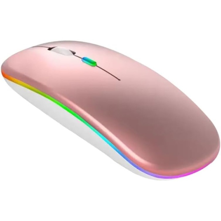 Безжична мишка с два режима, 2.4G и Bluetooth, USB, 1600 DPI, LED, ергономичен дизайн, презареждаща се, розова