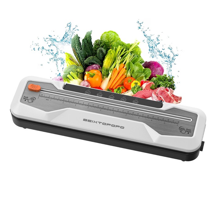 Aparate de vidat, 120 W, automata, taietor incorporat, Suporta pomparea externa, Potrivit pentru alimente uscate/umede/moi/sub forma de pudra, 65 Kpa, etansare extinsa 30 cm, Gri crom