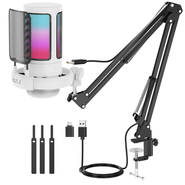 NJSJ USB геймърски микрофон с рамо, бял, кардиоиден, за PC и Mac