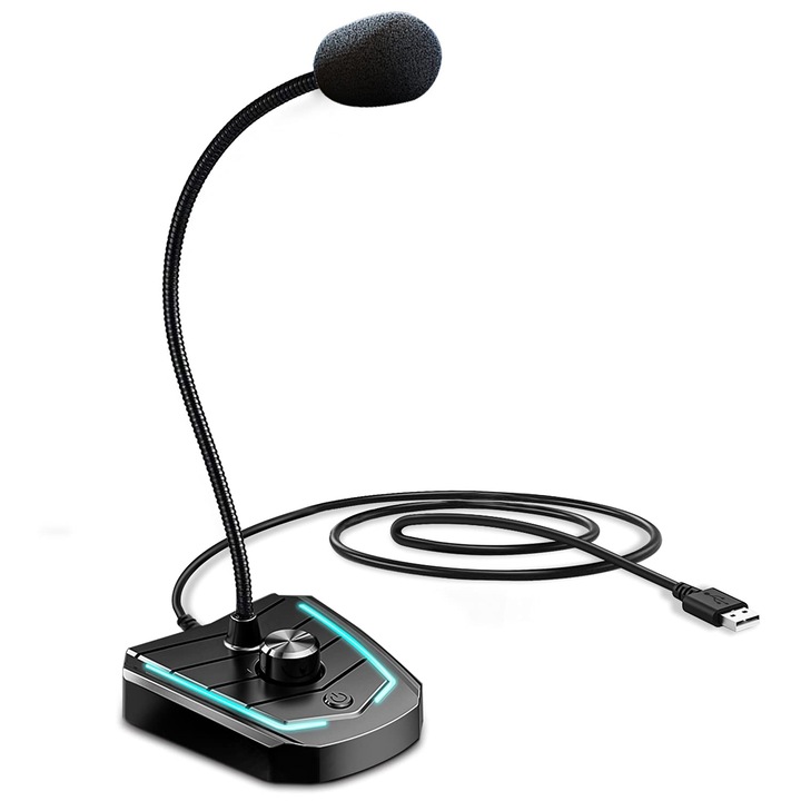 Xiaokoa számítógépes mikrofon, USB kondenzátor, egyirányú, hangerőszabályzóval, fekete