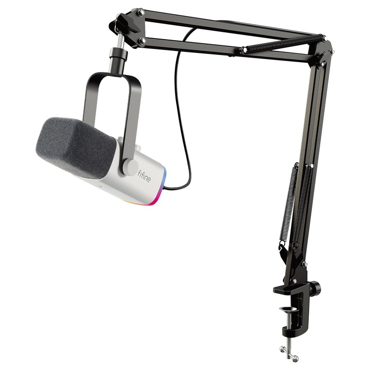 Fifine streamelő mikrofon rúddal, dinamikus, fehér, USB, podcastokhoz és játékokhoz
