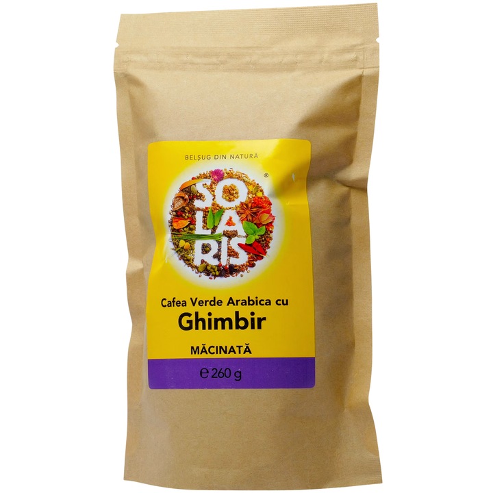 Cafea verde arabica cu ghimbir, macinata 100%natural, fara aditivi, coloranti sau conservanti, 260g, Solaris Plant