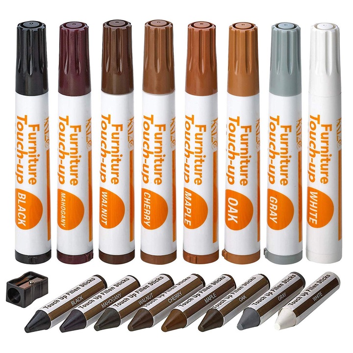 Set Premium Reparare Mobilier MONDESA®, 8 Markere Corector Zgarieturi si 8 Creioane Cerate pentru Mobilier, Parchet, Usi si Scari din Lemn,17 Piese de Culori + Ascutitoare