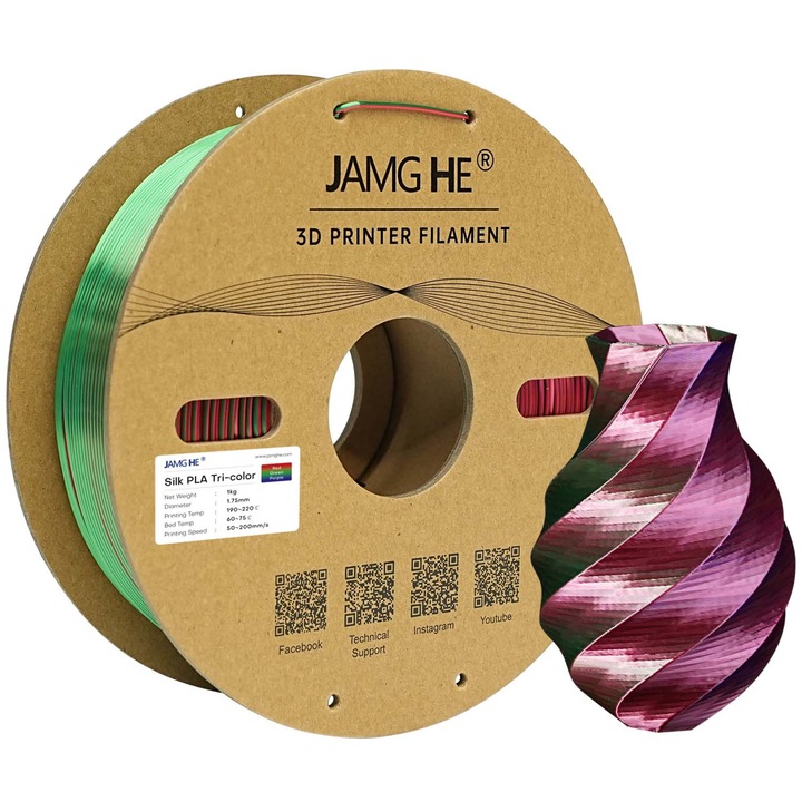 Нишка за 3D принтиране, Jamghe, Silk PLA, 1.75 мм, Лилаво-червено-зелено, 1000 г