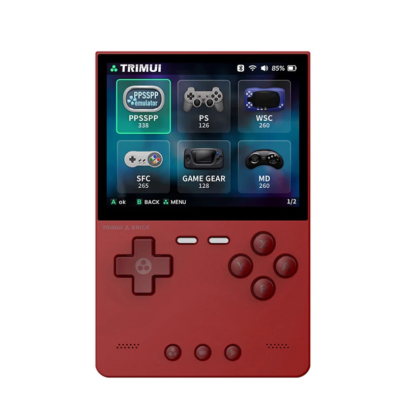 Consola retro TRIMUI Brick 64GB cu jocuri, quad core Cortex-A53 2.0GHz, 1GB RAM, IPS LCD 3.2" 1024x768 4:3, acumulator 3000 mAh, WiFi, Bluetooth, rosu, portabila