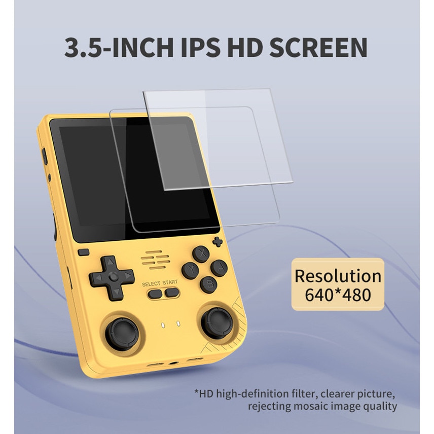 Consola portabila de jocuri Powkiddy V20, 3.5 Inch IPS, 64GB, 10 emulatoare, dual analog, 5000mAh, 10.000 jocuri, Negru transparent