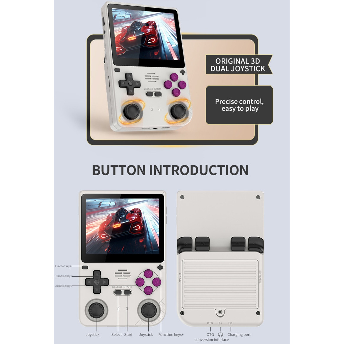 Consola portabila de jocuri Powkiddy V20, 3.5 Inch IPS, 64GB, 10 emulatoare, dual analog, 5000mAh, 10.000 jocuri, Negru transparent