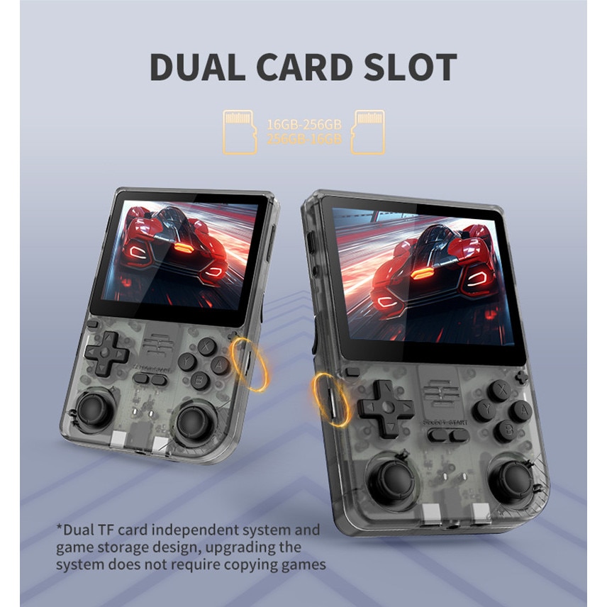 Consola portabila de jocuri Powkiddy V20, 3.5 Inch IPS, 64GB, 10 emulatoare, dual analog, 5000mAh, 10.000 jocuri, Negru transparent