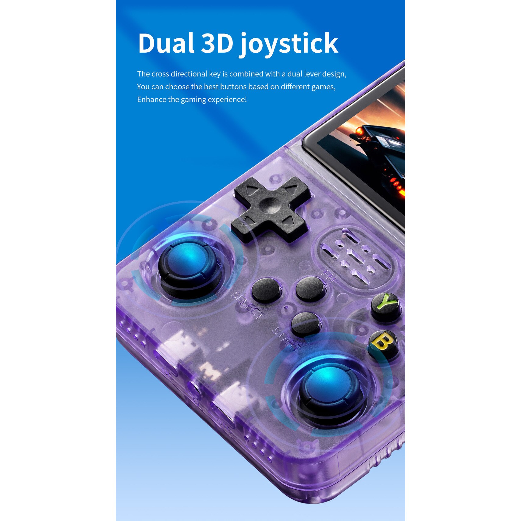 Consola portabila 10+ emulatoare R36S, 64GB, 10000+ jocuri, ArkOS 2.0, dual analog, Albastru Transparent