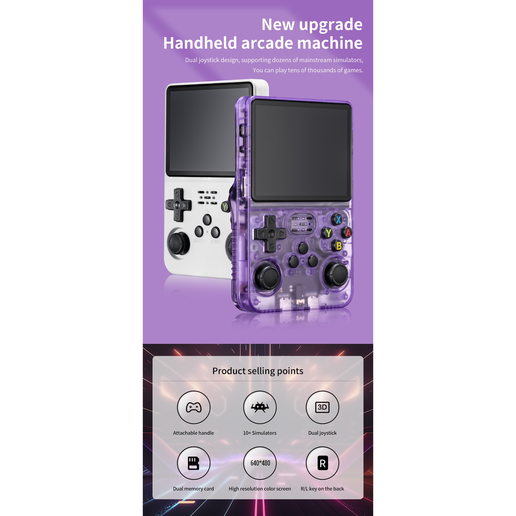 Consola portabila 10+ emulatoare R36S, 64GB, 10000+ jocuri, ArkOS 2.0, dual analog, Albastru Transparent