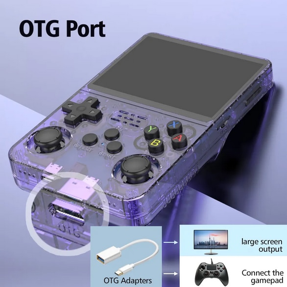 Consola portabila 10+ emulatoare R36S, 64GB, 10000+ jocuri, ArkOS 2.0, dual analog, Albastru Transparent