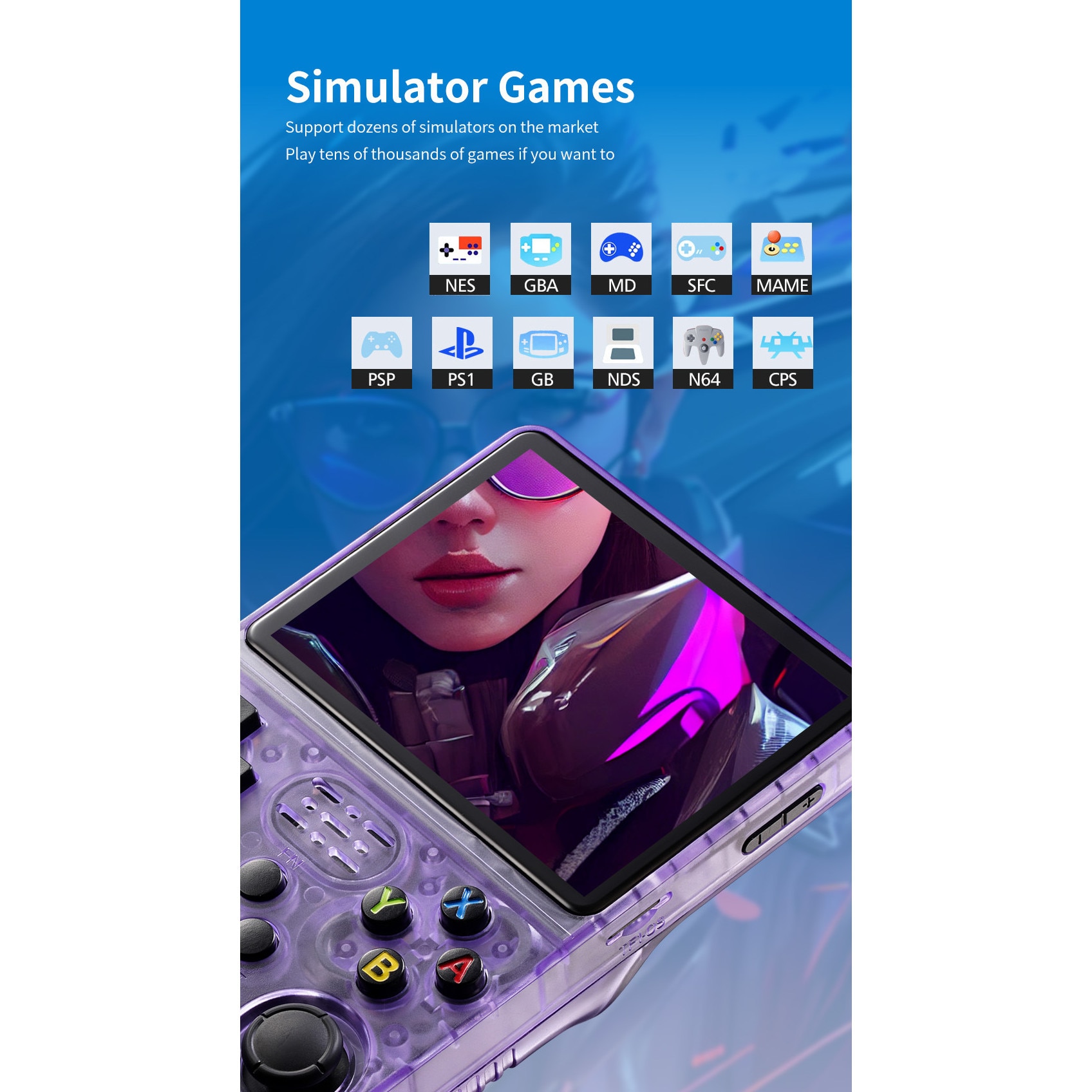 Consola portabila 10+ emulatoare R36S, 64GB, 10000+ jocuri, ArkOS 2.0, dual analog, Albastru Transparent