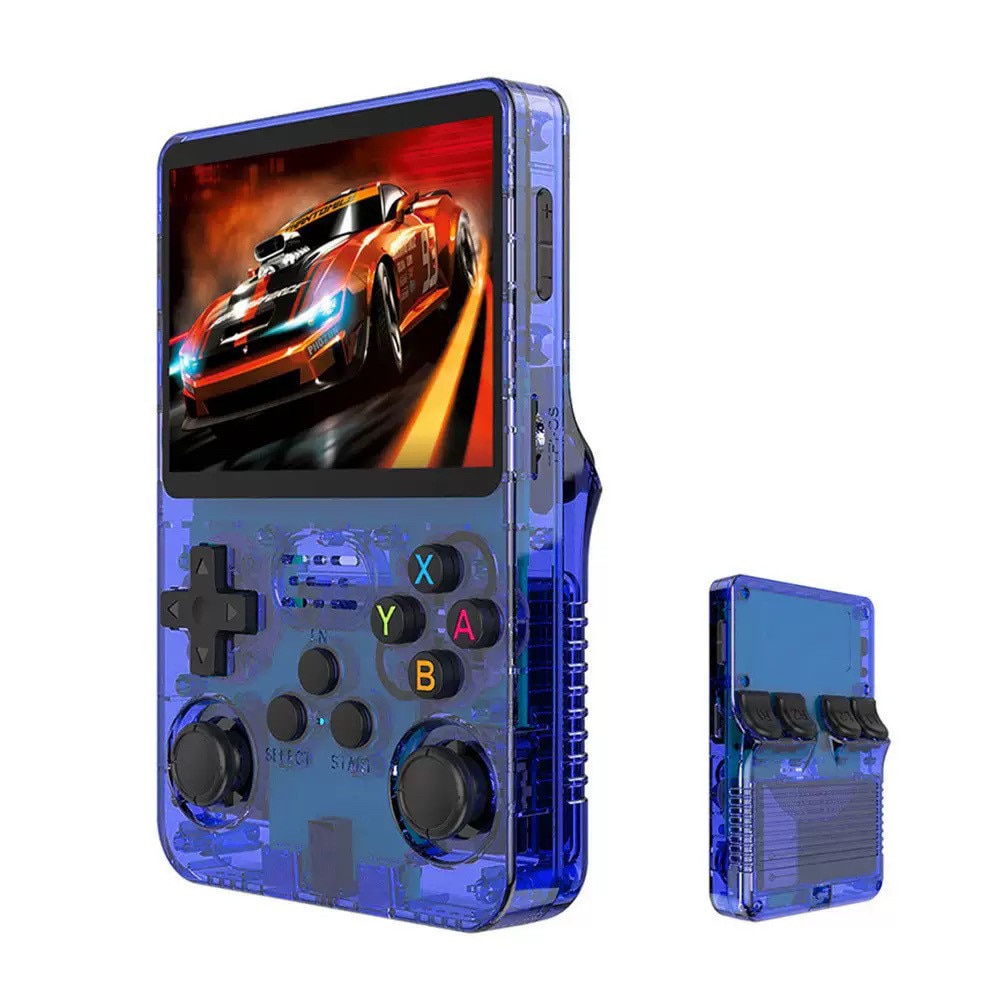 Consola portabila 10+ emulatoare R36S, 64GB, 10000+ jocuri, ArkOS 2.0, dual analog, Albastru Transparent