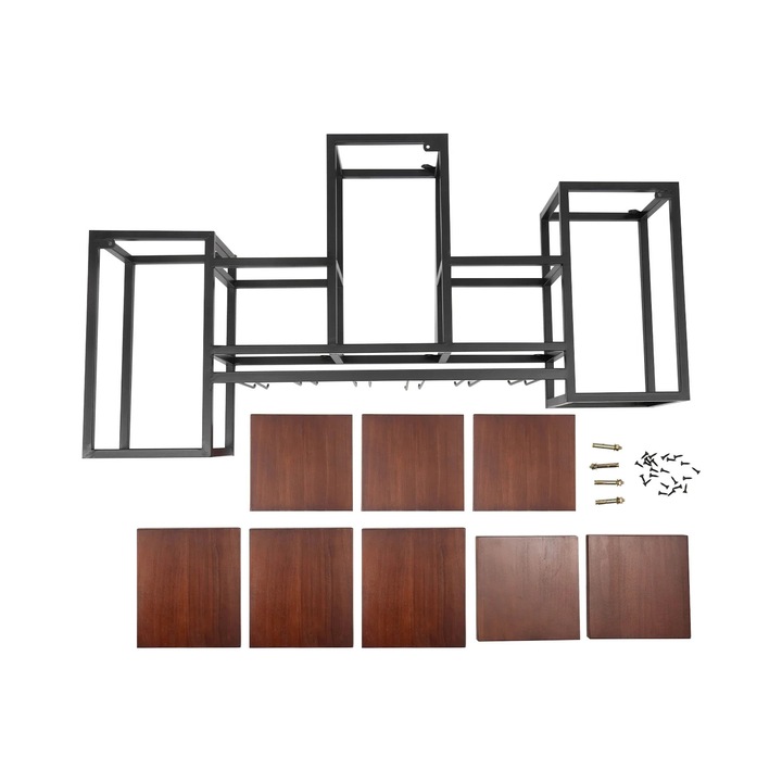 Поставка за бутилки вино, метална, за стенен монтаж, 30 кг, естествено дърво, черна, размери 106x20x55 см