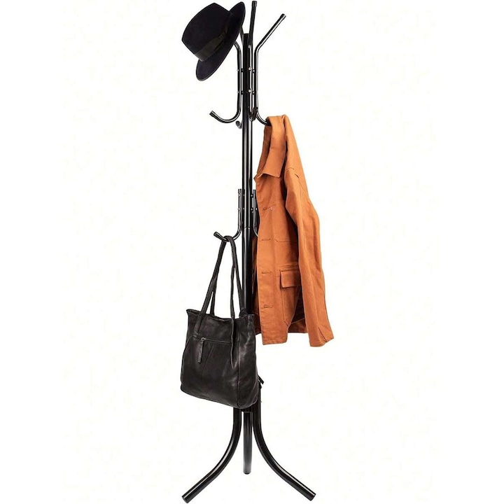 Cuier haine cu suport din lemn pentru accesorii, 12 carlige, metalic, dimensiuni 175 x 45 cm, pentru hol, dormitor sau living, negru