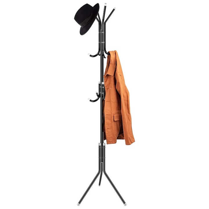 Cuier haine cu suport din lemn pentru accesorii, 12 carlige, metalic, dimensiuni 175 x 45 cm, pentru hol, dormitor sau living, negru