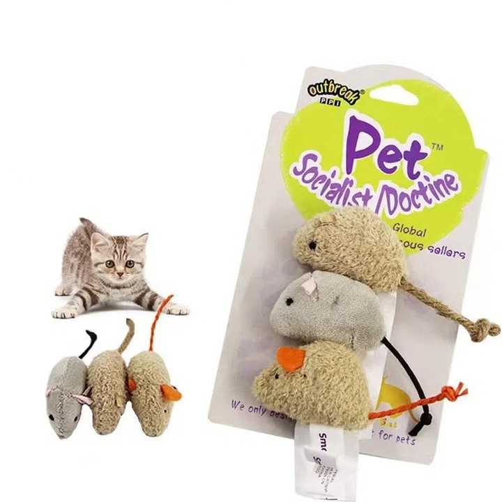 Jucarii animale, Set de 3 jucarii pentru pisici - Soareci de plus cu catnip, Jucarii interactive pentru puisi, Plus Pisici