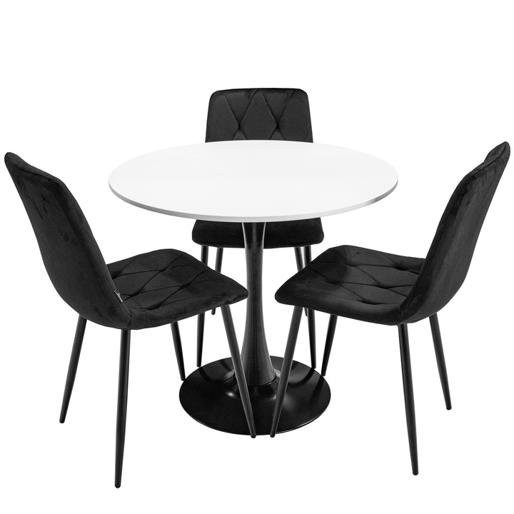 Set masa Innsbruck, DENVER, blat alb si picior negru cu 3 scaune, Kobe negru, forma rotunda, 80x73 cm