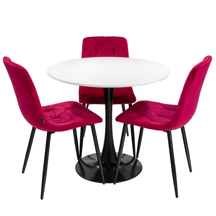 Set masa Innsbruck, DENVER, blat alb si picior negru cu 3 scaune Kobe visiniu, forma rotunda, 80x73 cm