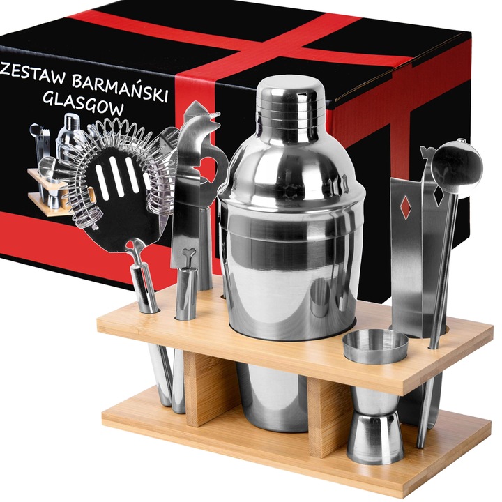 Glasgow Bártender Készlet, 9 Elemes, Rozsdamentes Acél, Bambusz Állvány, 500ml
