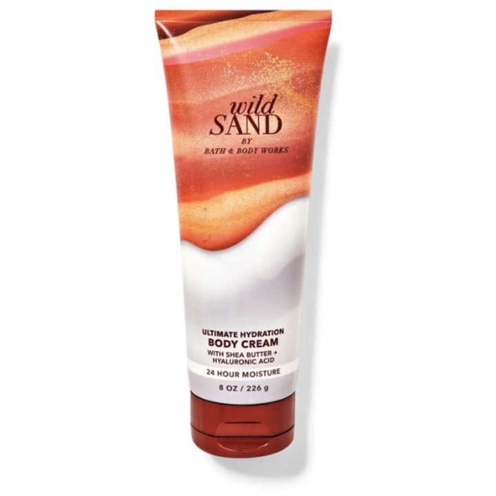 Testápoló krém, Bath & Body Works, Wild Sand, 1 darab, 24 órás hidratálás, Bőrgyógyászatilag tesztelt, Normál bőrre, Parabénmentes, Színezékmentes, E-vitamint tartalmaz, Aloe vera, Shea vaj, Kókuszvaj, Hialuronsav, Illat: kaktuszgyümölcs, kaktuszvirág